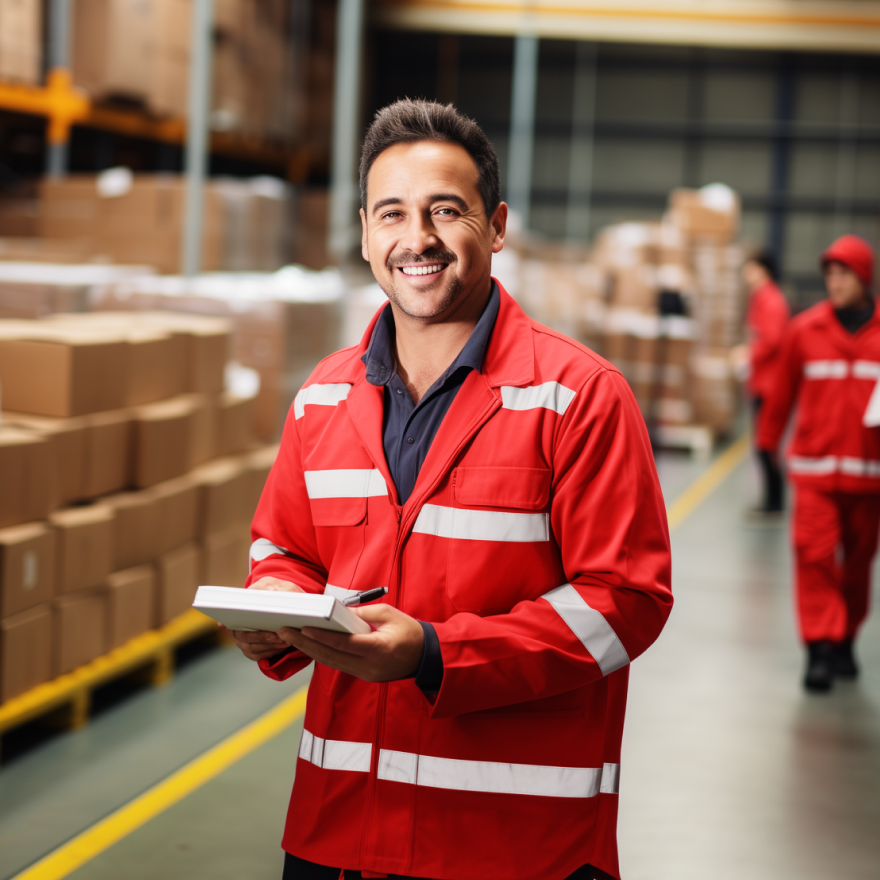 E-Commerce Warehouse Worker - Man in Bright Red Overalls Holding Notebook