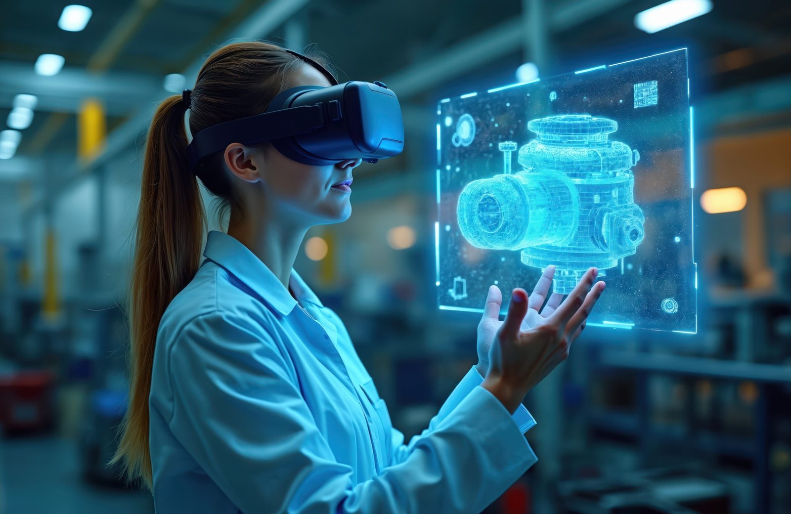 Female engineer wearing VR headset interacts holographic 3D model mechanical component industrial setting. Uses virtual reality tech augmented reality visualisation to control prototype. Tech