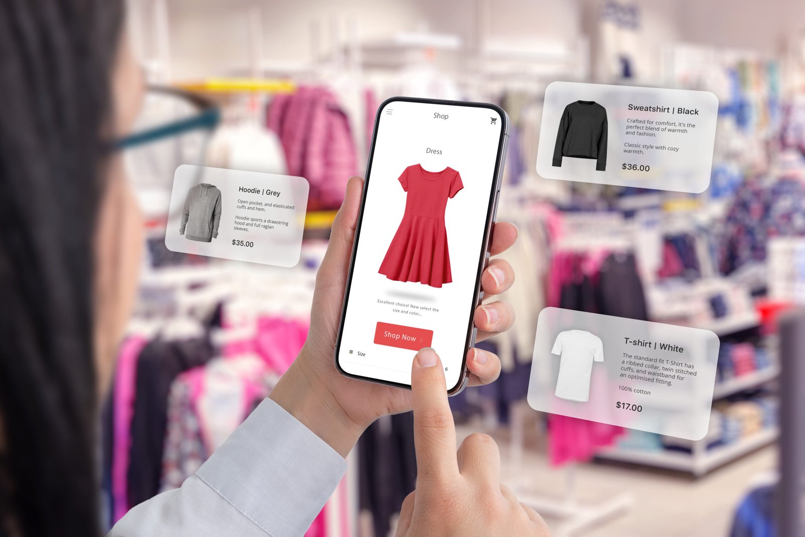 Clothes shop through a smartphone app with balloons arround suggesting clothing recommendations