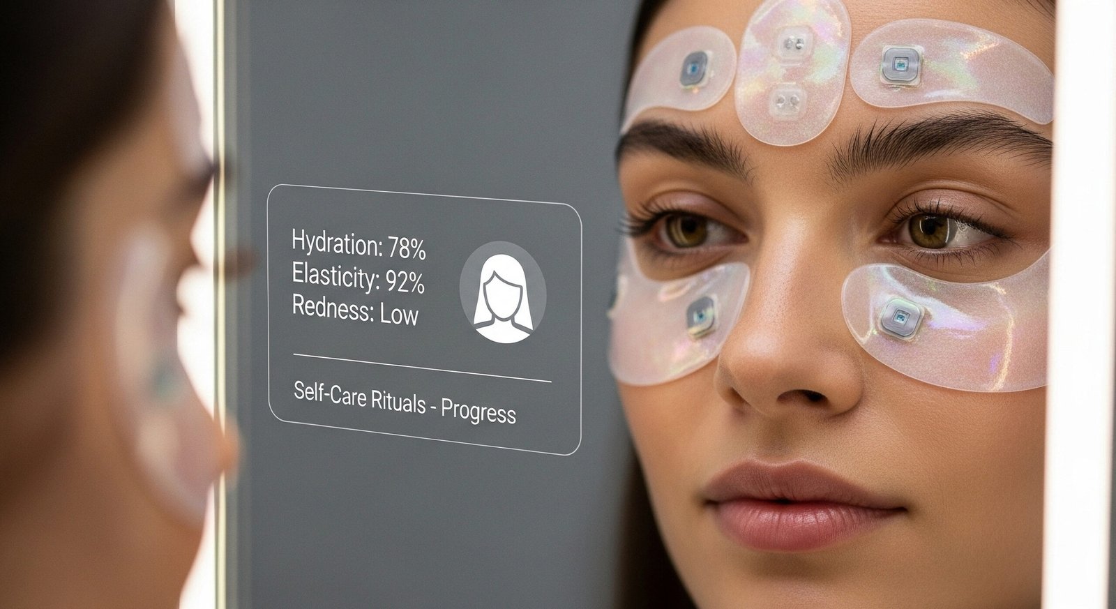 Woman uses smart skincare patches on face while digital interface shows hydration and elasticity stats.