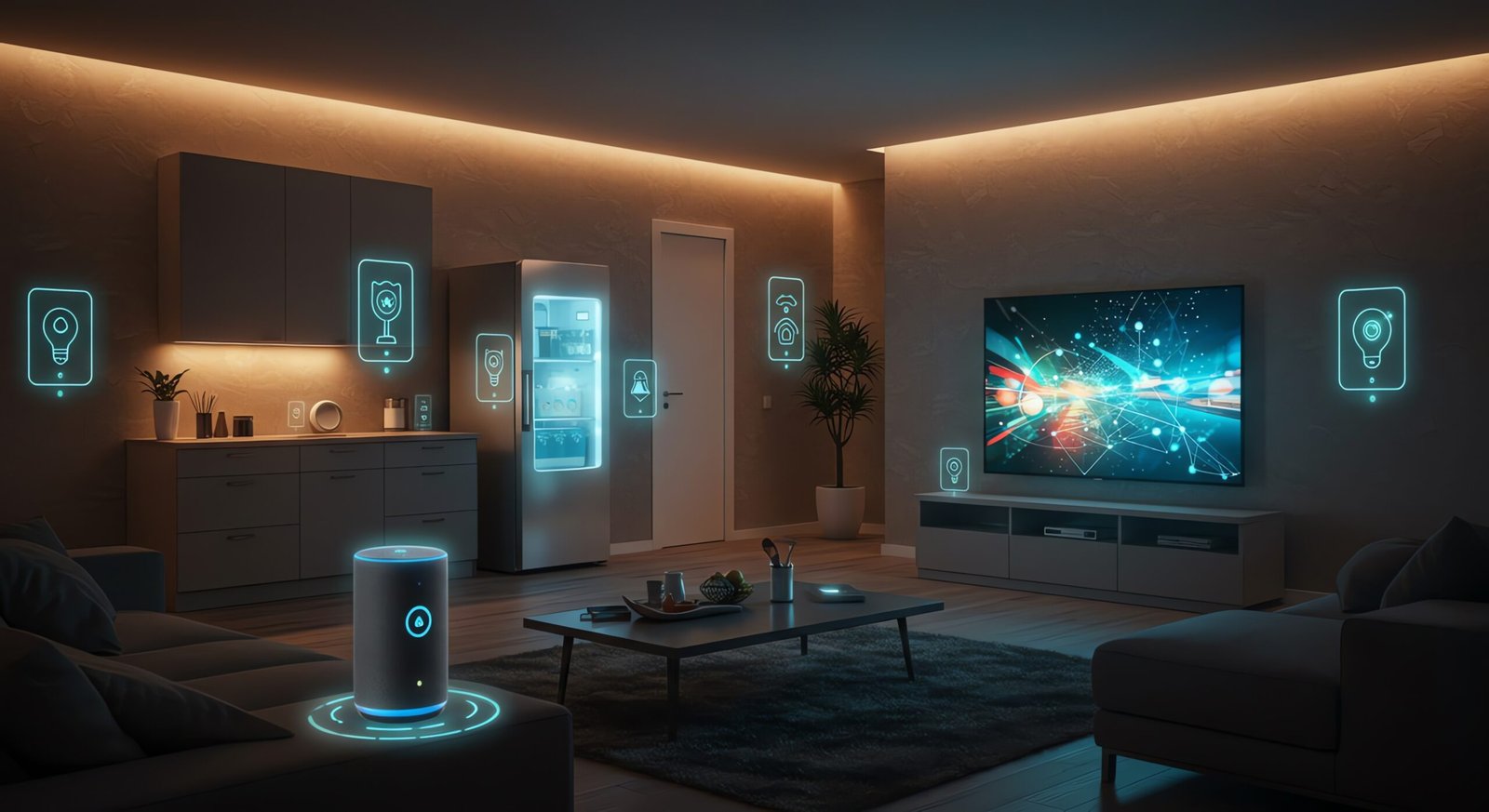 This image depicts a modern and stylish living room featuring smart home technology. The room is subtly lit with a warm glow, emphasizing the sleek design and comfortable atmosphere. Key appliances and devices are highlighted with glowing blue icons, showcasing the connected nature of the home. An AI assistant takes center stage, indicating voice control and automation. The scene evokes a sense of ease, convenience, and futuristic living, suggesting themes of connectivity, innovation, and modern lifestyle. The image can be used to illustrate concepts such as smart homes, IoT, automation, artificial intelligence, and the future of technology in everyday life.