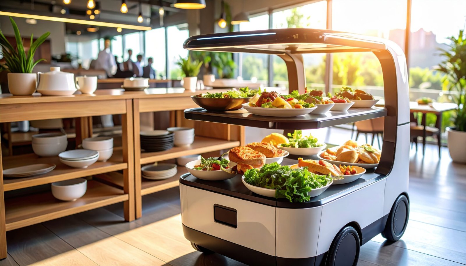 Food delivery robot serving meals in a restaurant shows the rise of automation in hospitality, redefining service efficiency and futuristic dining experiences.