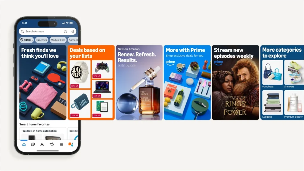Amazon app showcasing various product categories