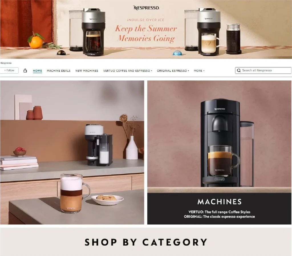Nespresso coffee machines and beverages display in e-commerce merchandising